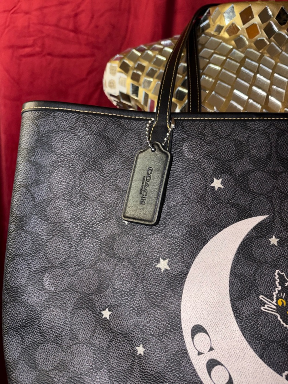 2 PIECE SET COACH Black Signature Tote and wristlet with Moon & Cat Motif - Picture 3 of 9